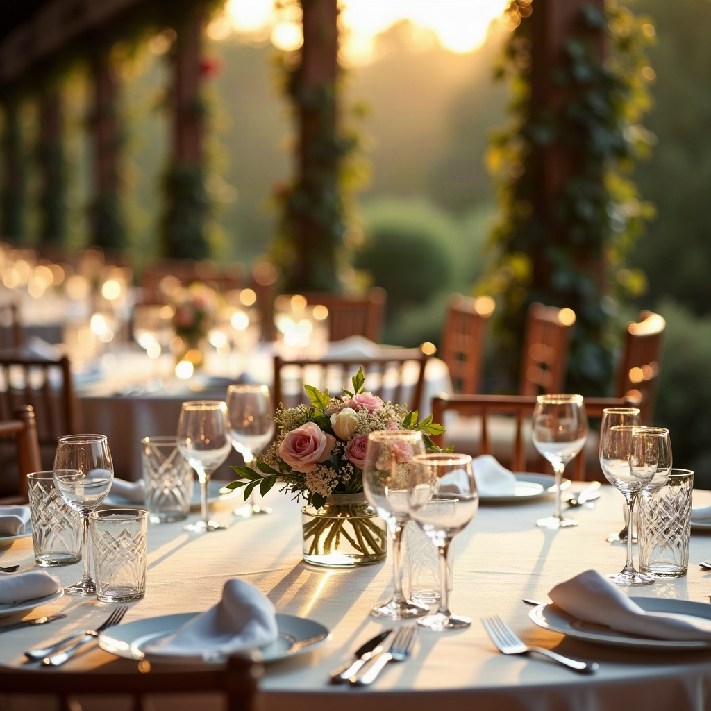 Mesa de recepción de boda servida, con luz cálida de atardecer y sin gente